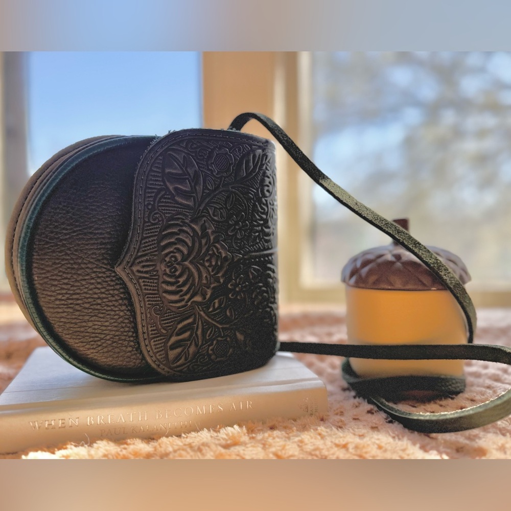 Black Floral Embossed Leather Crossbody Bag